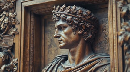 Intricate wooden carving depicting a classical bust with laurel wreath