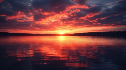 Obraz premium The sky is ablaze with fiery reds and oranges during sunset over a tranquil lake, capturing the ethereal beauty of nature's spectacle.