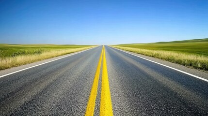 Empty asphalt road stretching into the horizon, surrounded by green fields under a clear blue sky, perfect for travel and journey concepts.