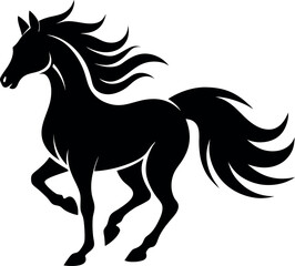 Black Silhouette Minimalistic Vector Illustration of a Galloping Horse with Flowing Mane, Fast Movement, Majestic Animal, Wild Horse, Power, Freedom, Horseback Riding, and Equestrian Art.