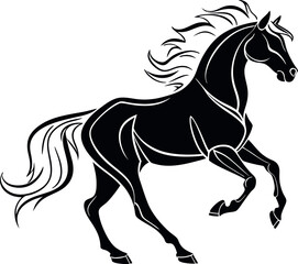 Black Silhouette Minimalistic Vector Illustration of a Galloping Horse with Flowing Mane, Fast Movement, Majestic Animal, Wild Horse, Power, Freedom, Horseback Riding, and Equestrian Art.
