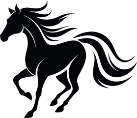 Black Silhouette Minimalistic Vector Illustration of a Galloping Horse with Flowing Mane, Fast Movement, Majestic Animal, Wild Horse, Power, Freedom, Horseback Riding, and Equestrian Art.