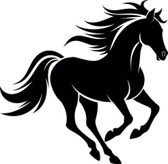 Black Silhouette Minimalistic Vector Illustration of a Galloping Horse with Flowing Mane, Fast Movement, Majestic Animal, Wild Horse, Power, Freedom, Horseback Riding, and Equestrian Art.