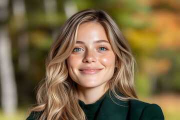 Fototapeta premium Woman smiling autumn park portrait headshot