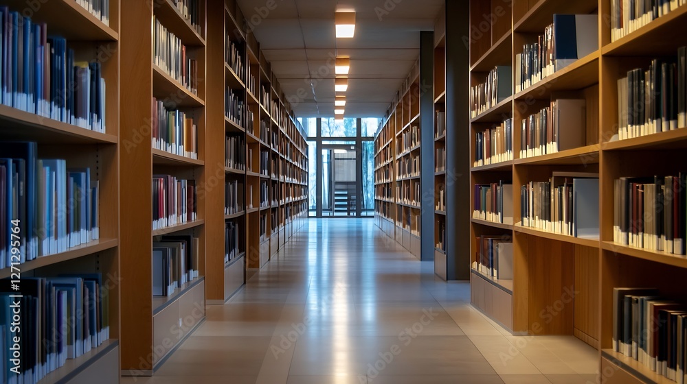 Poster contemporary library interior showcasing neatly arranged bookshelves and inviting reading spaces : g