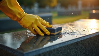 Professional wearing yellow gloves meticulously cleans granite headstone. Person uses sponge and water showing respect and care for memory of departed in cemetery. Peaceful work and ritual.