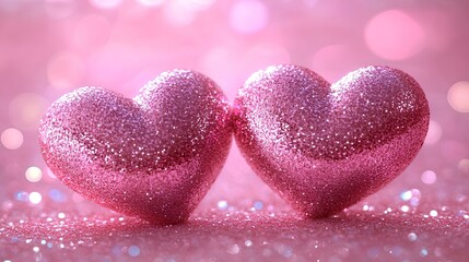 Obraz premium Two glittering pink hearts sit close together on a shimmering surface, captivating with their sparkle and adding a romantic touch to any celebration or event.