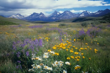 Fototapeta premium Scenic landscape featuring a vibrant meadow filled with colorful wildflowers, set against a backdrop of majestic snow capped mountains under a cloudy blue sky