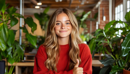 Woman thumbs up, office plants, success