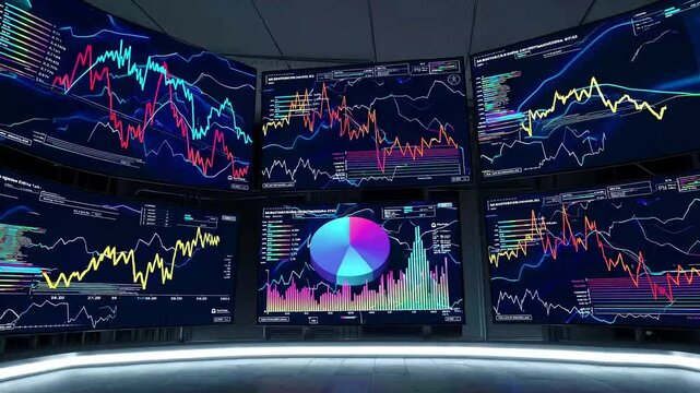 Multiple screen displaying AI-driven data analysis with dynamic charts.
