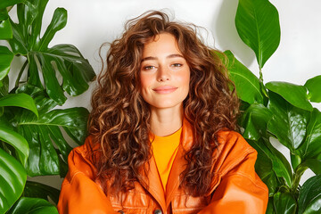 Fototapeta premium Woman with curly hair, orange jacket, plants
