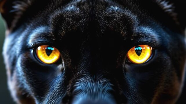 Black panther eyes background, wild cat animal face in night, yellow eyeballs in dark. Black panther eyes glow look in macro closeup