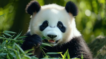 Fototapeta premium Adorable Panda Enjoying a Bamboo Lunch