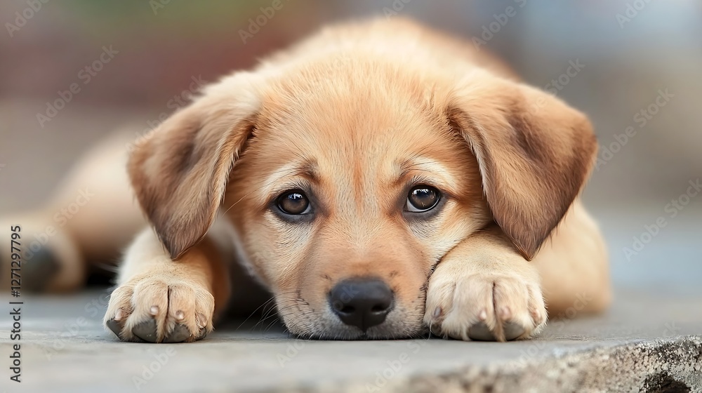 Poster adorable golden puppy lying down on a surface with big expressive eyes looking sweet and curious : g