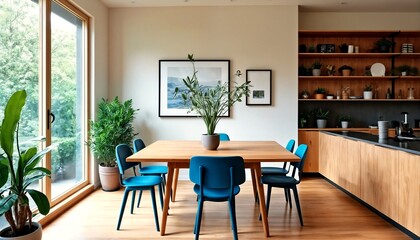 A modern dining room and kitchen with wooden furniture.