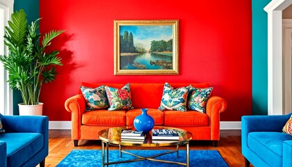 A living room with red walls and blue furniture.