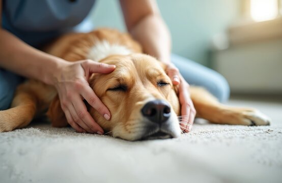 Calm golden retriever dog getting relaxing massage from caregiver at home. Woman gives pet head massage. Animal behavior therapy, positive emotion, stress relief, pet care, home comfort.