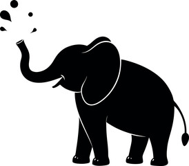 Elephant Spraying Water, Black Silhouette Minimalistic Vector Illustration, Majestic Animal, Water Spray, Elephant Design, Wildlife Art, Nature, Animal Illustration, Water Splash, Vector Art.
