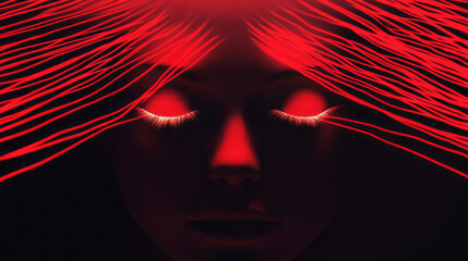 Fototapeta premium A near-silhouette of a womanâ€™s face, her eyes gently closed while glowing red tendrils extend