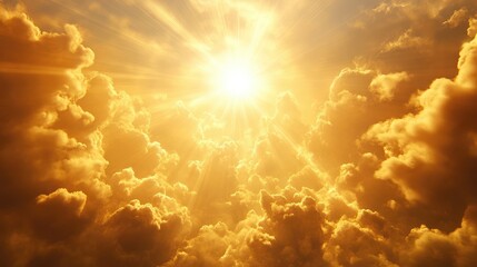 Heavenly sky with golden sun rays bursting through clouds, creating a divine atmosphere.