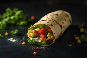 Pita gyro wrap stuffed with various vegetables, tzatziki sauce and herbs, creating a vibrant and flavorful meal