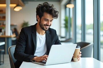Young Professional Working on Laptop in Modern Cafe