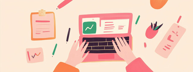 2D Illustration of Close up of hands analyzing business data on laptop, surrounded by stationery and plants, conveying productive workspace atmosphere