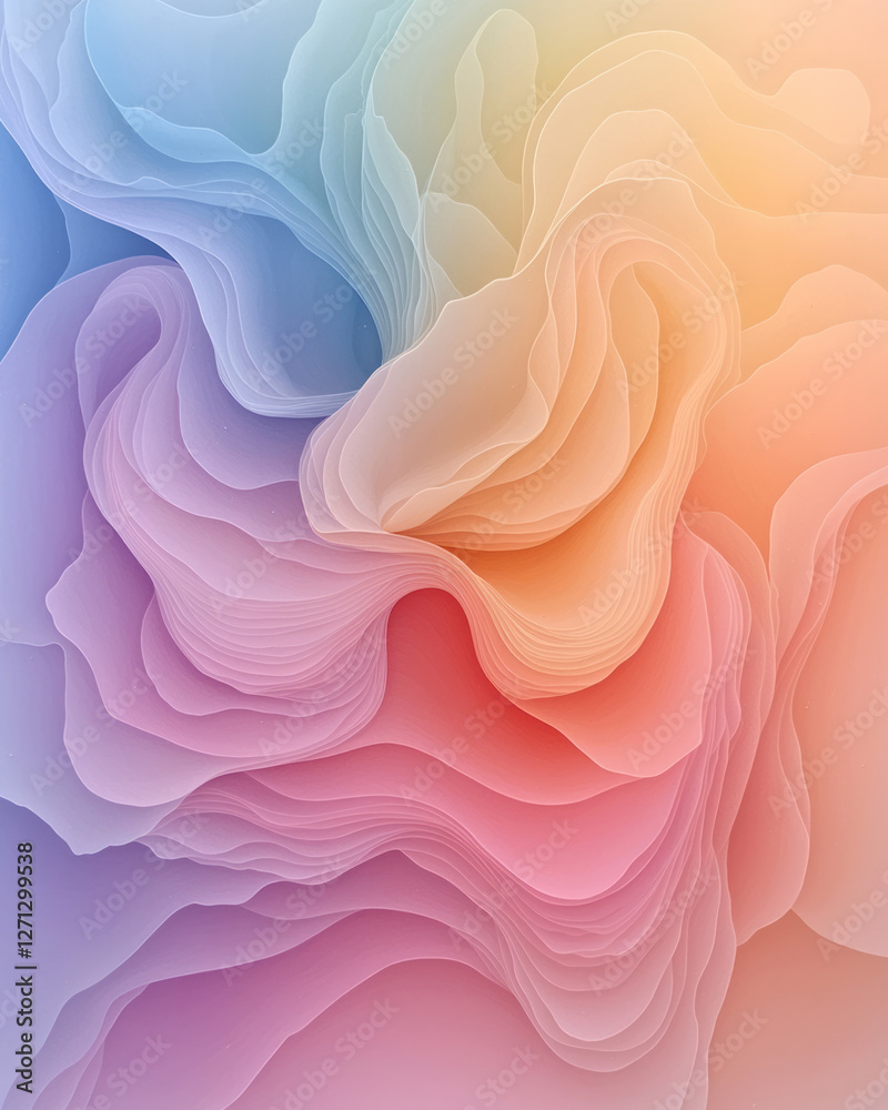 Poster An overhead view capturing wave after wave of luminous pastel colors, softly undulating in a
