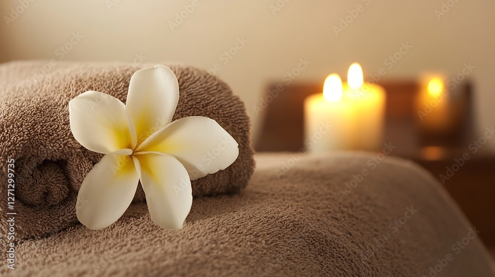 Leinwandbilder Serene spa setting with soft towels and a delicate flower surrounded by relaxing candlelight : Generative AI