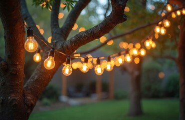 Festive string lights hang on tree branches creating warm party backyard atmosphere. Garland of glowing light bulbs stretched on trees at evening celebration. Party garden decor for summer holiday