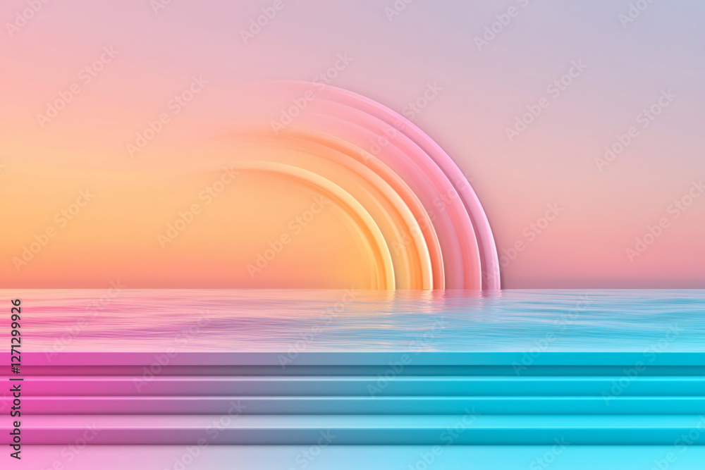 Poster A minimalist design where the horizon line is barely visible, the main focus on rolling neon waves