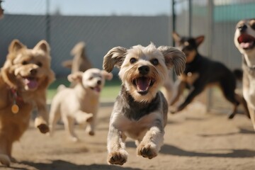 Group of joyful dogs running towards the camera in a vibrant dog park, relishing their time together while playing and socializing