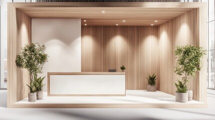 A mockup of an exhibition stand with white walls, wood paneling, and plants for an office theme.