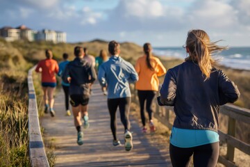 Athletes running on a boardwalk by the sea, enjoying a healthy lifestyle and the beautiful coastal scenery