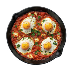 Isolated Skillet of Shakshuka with Eggs, Tomato Sauce, and Herbs