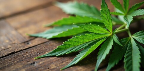 Single serrated green cannabis leaf on a wooden table with natural light, light, botanicals, cannabis