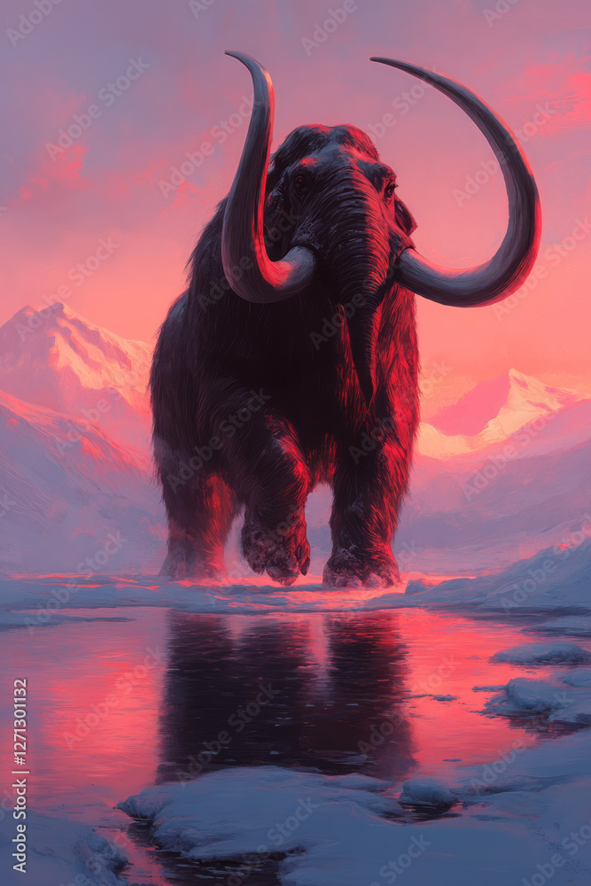 Poster an ambient twilight scene as the mammoth lifts its trunk, the last rays of a dim sun reflecting on