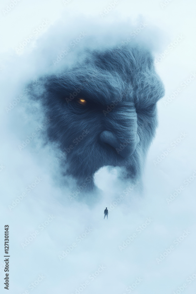 Poster a partially obscured perspective with the mammoth peering around a massive ice formation, its