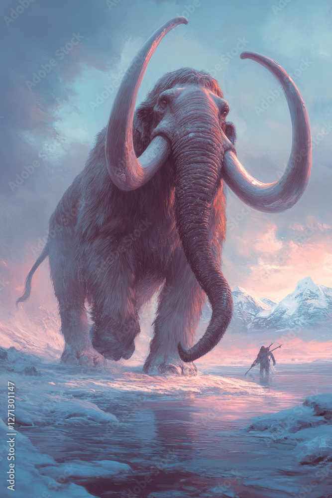 Poster an ambient twilight scene as the mammoth lifts its trunk, the last rays of a dim sun reflecting on