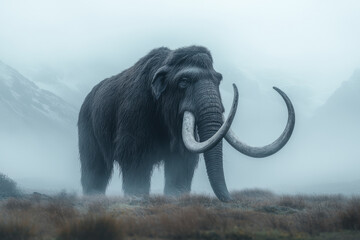 A moody, overcast scene capturing gentle motion in the mammothâ€™s fur, the surrounding landlocked
