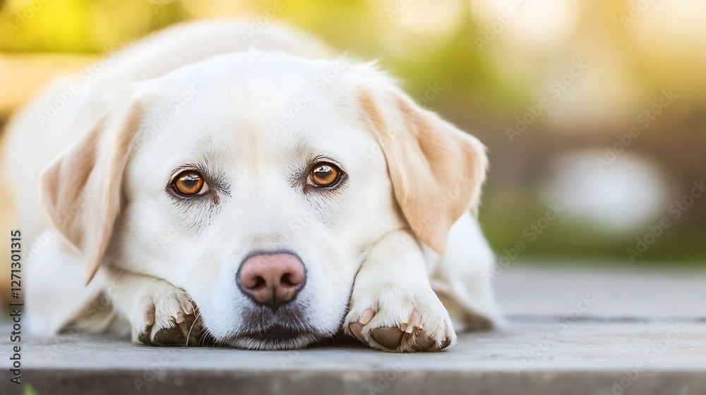 Poster a closeup of a sweet labrador retriever laying down with a soulful expression in natural light : gen