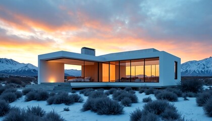 Fototapeta premium A modern minimalist house with floor-to-ceiling windows and a flat roof sits atop a snow-covered hill under an orange sky.