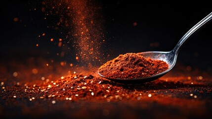 Red Spice Powder on a Spoon Against a Black Background