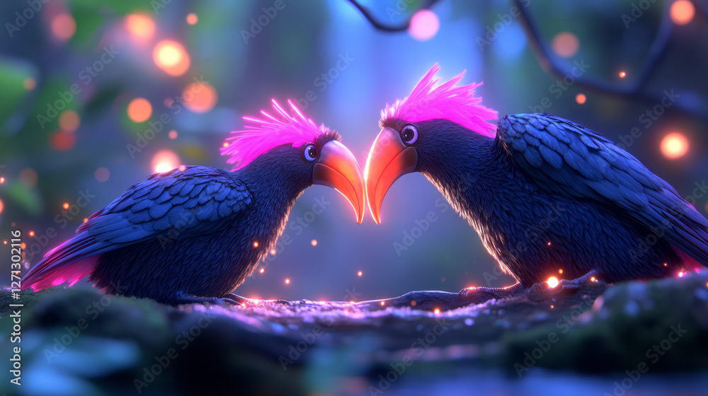 Poster a minimal approach zooming in on the hornbillsâ€™ beaks, with swirling pastel shapes and tiny