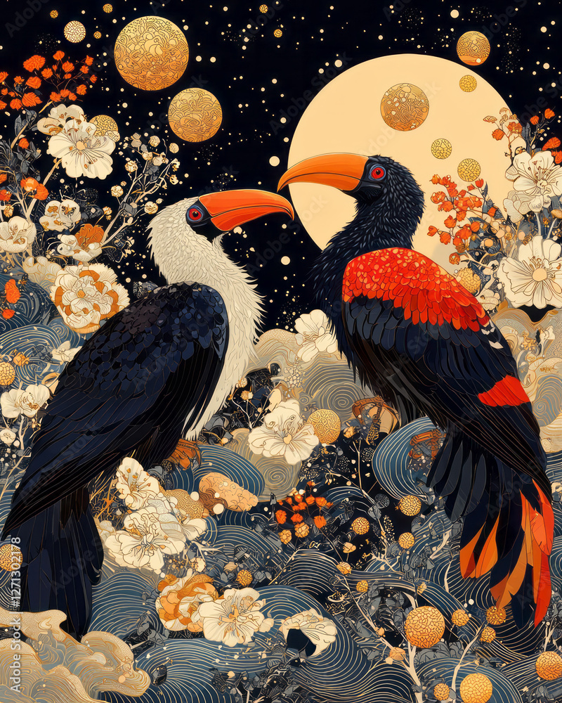 Aufkleber A dynamic, diagonal layout of two hornbills exchanging gazes, vivid abstract waves and clusters of