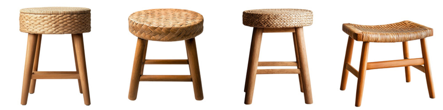 Collection of comfortable handmade woven rattan stools in a variety of rustic and modern styles perfect for adding natural cozy accents to any home or outdoor living space
