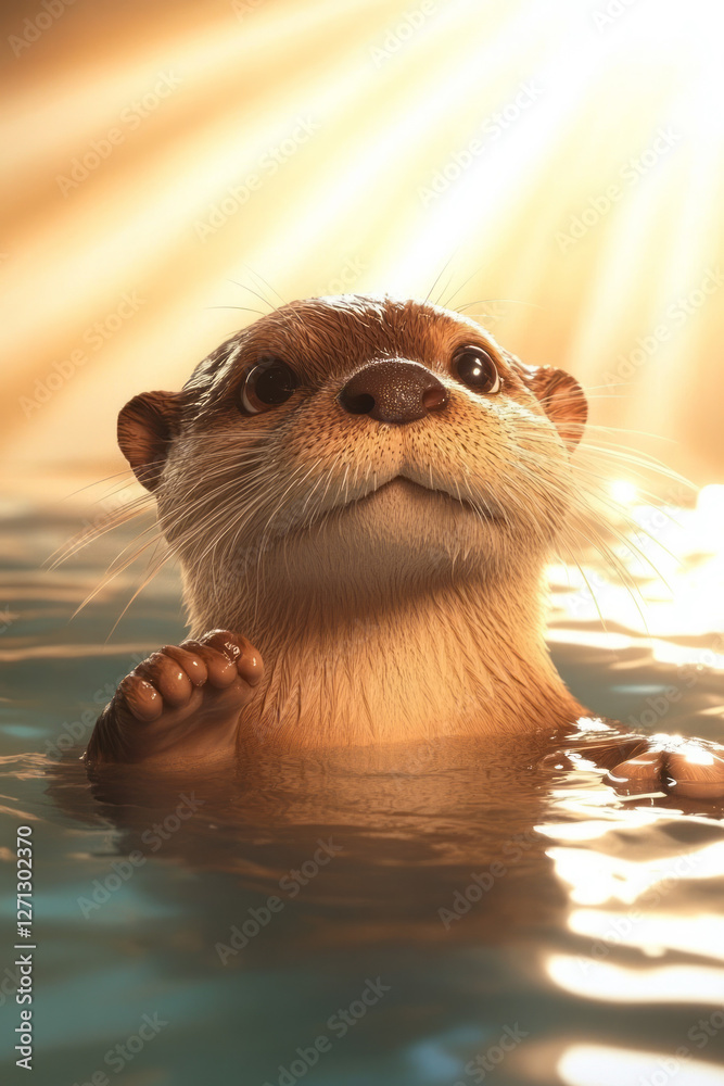 Poster a small otter soaking in a shallow bathtub, its head resting on the tubâ€™s edge while soft