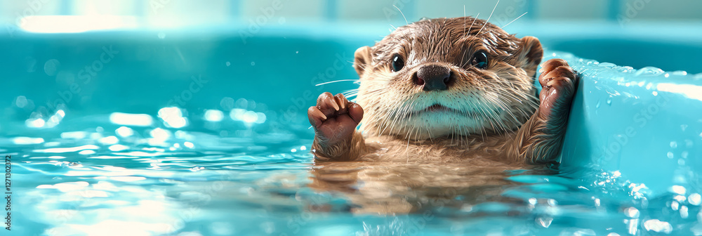 Aufkleber an endearing view of a furry otter reclining against one side of the bath, creating gentle ripples