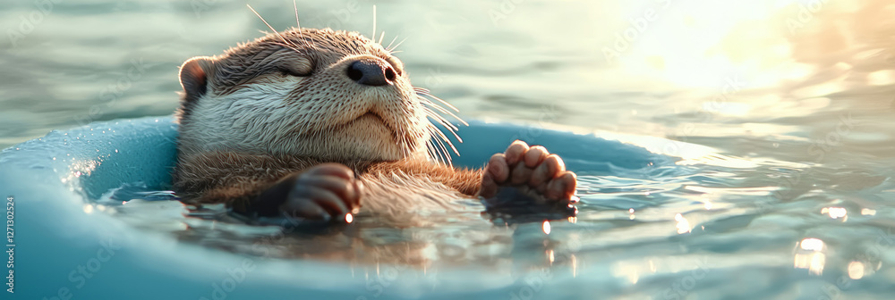 Poster an endearing view of a furry otter reclining against one side of the bath, creating gentle ripples
