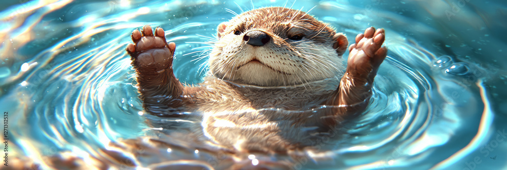 Poster an endearing view of a furry otter reclining against one side of the bath, creating gentle ripples